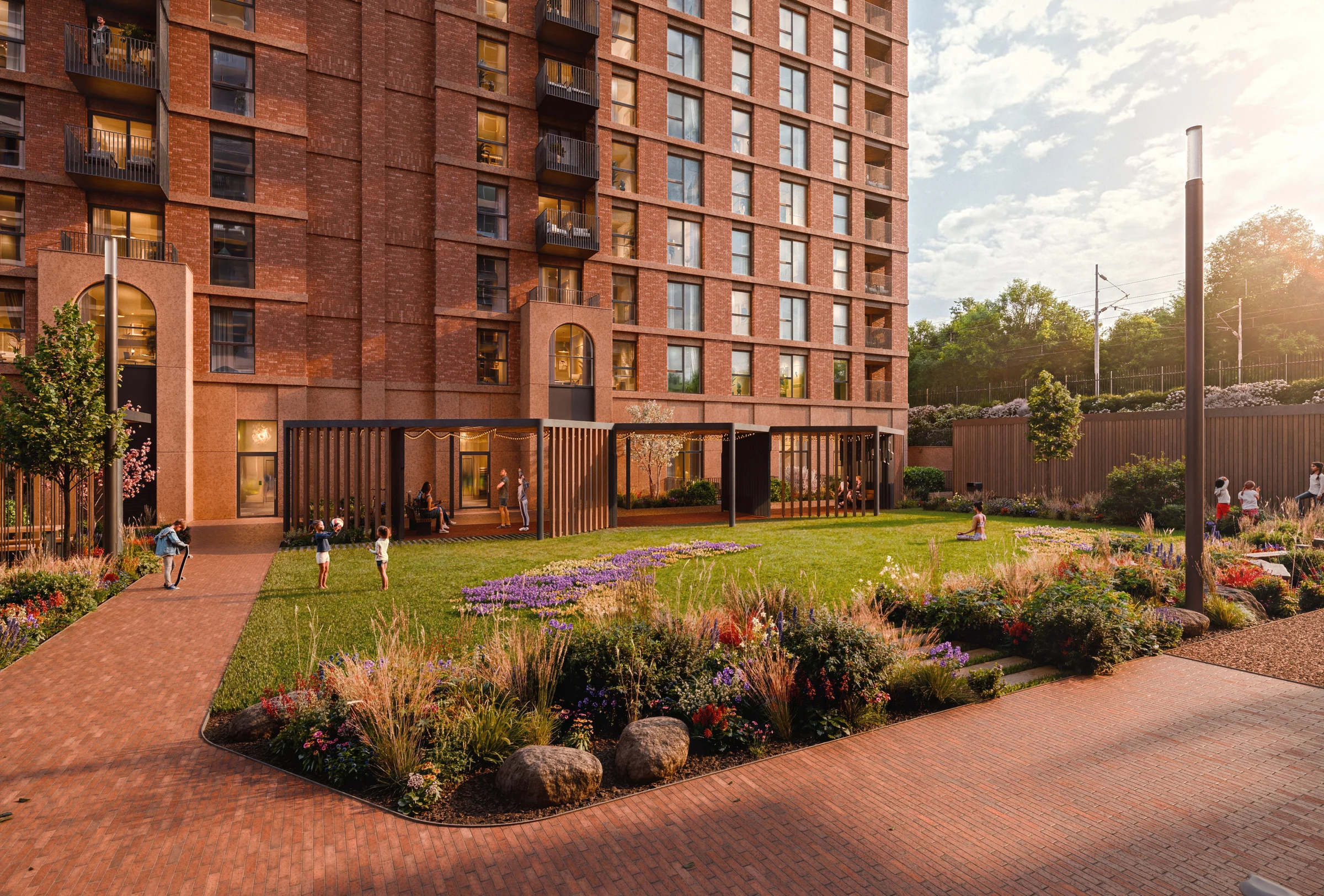 CGI of the landscaped courtyard between the buildings